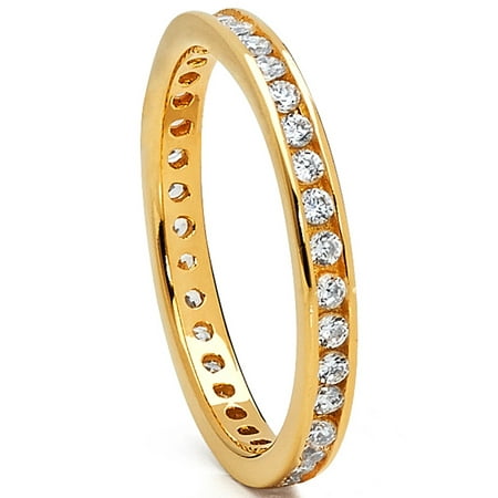Sterling Silver Women's Goldtone Plated Eternity Wedding Band Engagement Ring W/ Cubic Zirconia