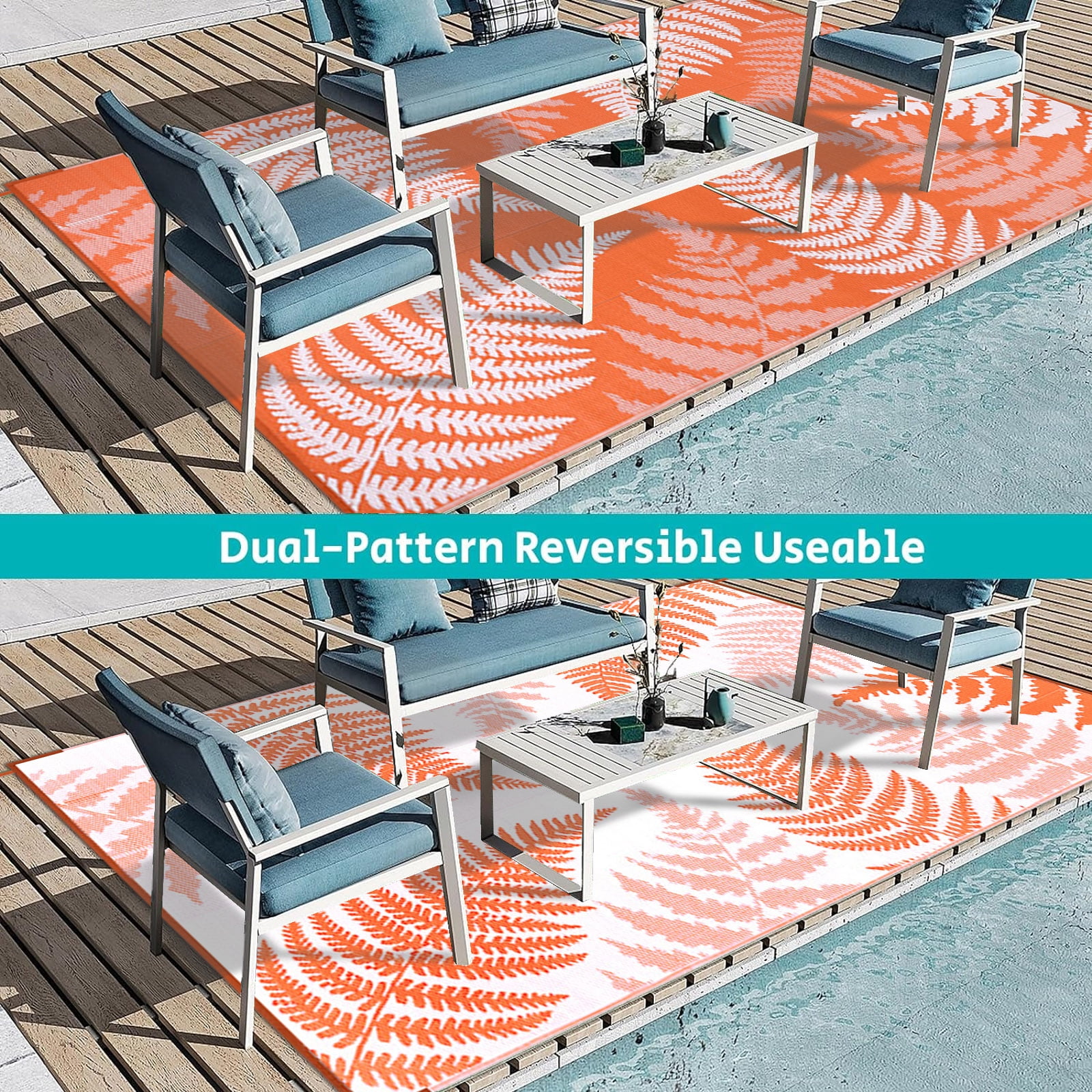 9'x12' Outdoor Rugs for Patios, Yamaziot Patio Rug RV Mats, Waterproof Reversible Plastic Straw Camping Rug for Deck Porch Balcony Beach Tropical, Palm Leaf Orange
