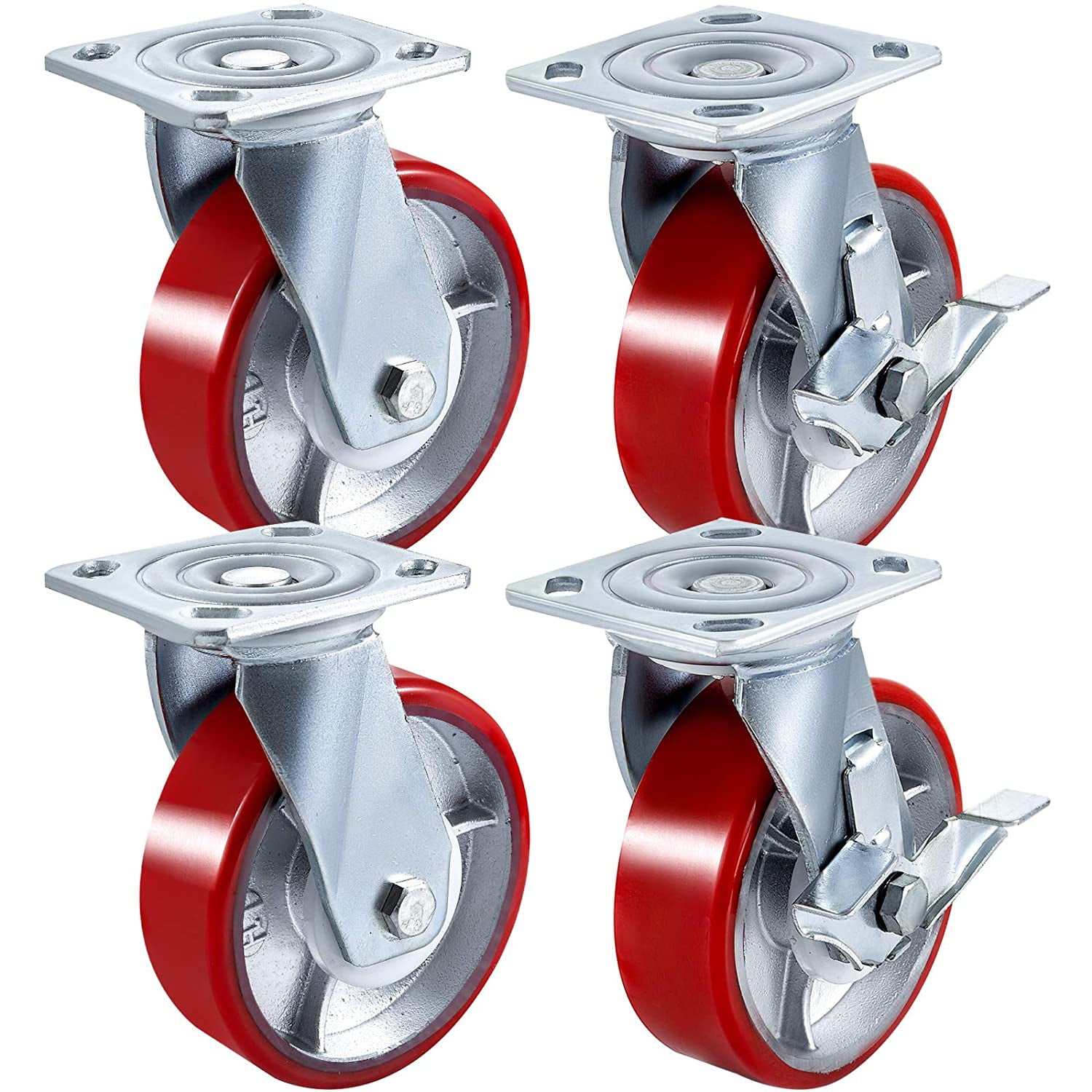 Red Polyurethane on Steel Core with 5" x 2" Heavy Duty Swivel Caster Set of 4 