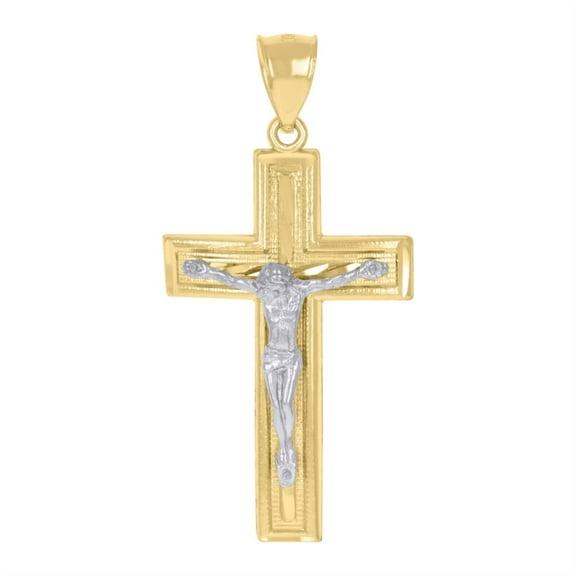 Auriga Fine Jewelry 10K Two-Tone Gold Crucifix Cross Religious Charm Pendant for Men (L- 47.1mm W-22.6mm)