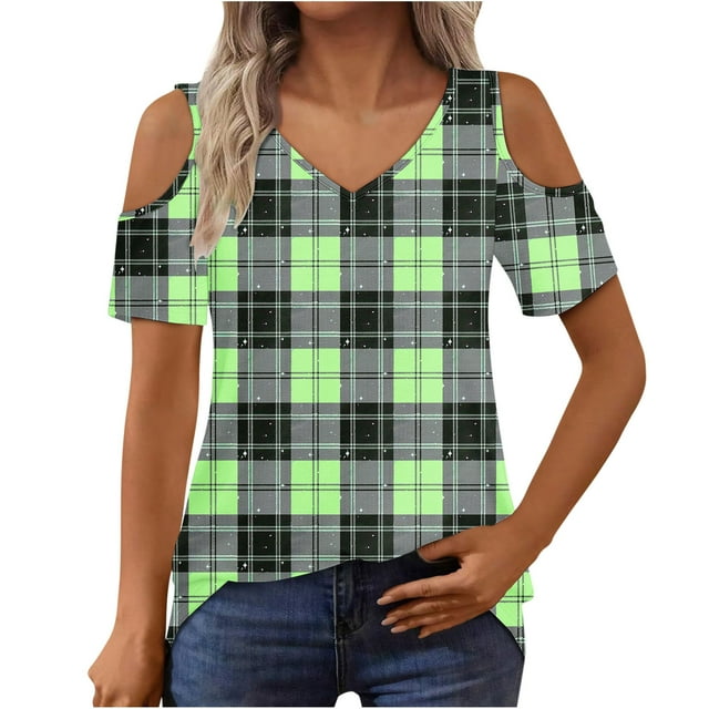 Tops de Algodón para las Mujeres Impresión de Manga Corta Cuello en V Fuera Del Hombro Blusa de Moda, Imitación de Algodón para el Hogar Diario