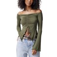 thumbnail image 1 of xiaxaixu Women's Crop Tops Solid Color Long Sleeve Off Shoulder Ruched Drawstring T-shirt for Spring Autumn, 1 of 7