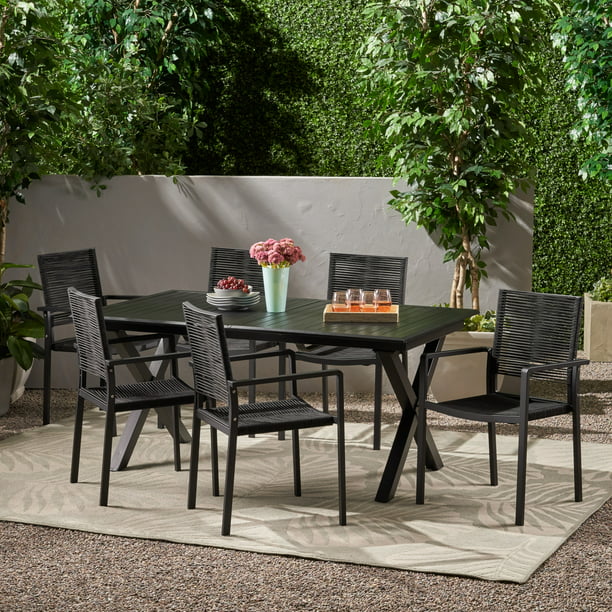 Nicanor Outdoor Modern 6 Seater Aluminum Dining Set with Expandable ...