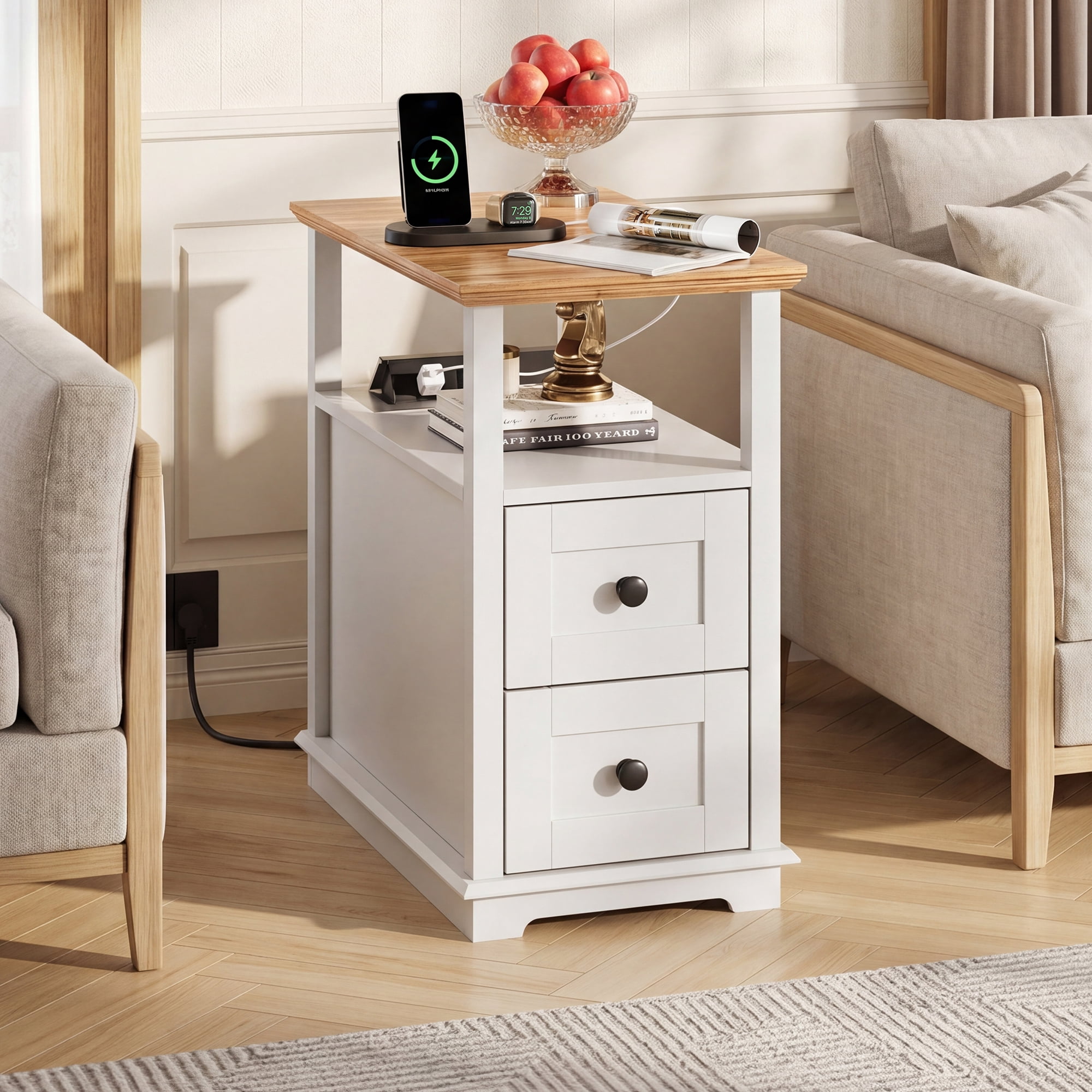 GALAXHERO Narrow Side Table with Charging Station Wooden End Table with 2 Drawers for Living Room, Bedroom, Small Space White