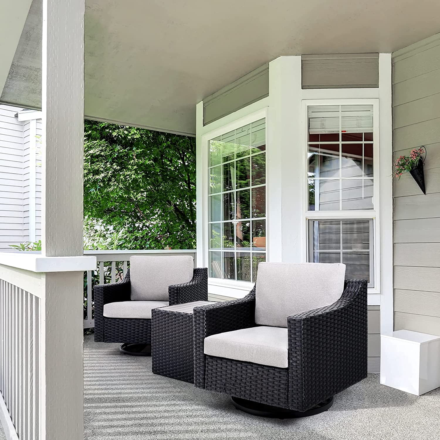 Howcool 3-Piece Outdoor Swivel Wicker Bistro Set, 360-Degree Rotation Patio Chairs with Thick Cushions and Square Rattan Side Table