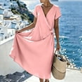 thumbnail image 2 of Women's Solid Color Wrap V Neck Midi Dress Short Sleeve Tie Waist Casual Vacation Dress with Pockets Pink L(L), 2 of 7