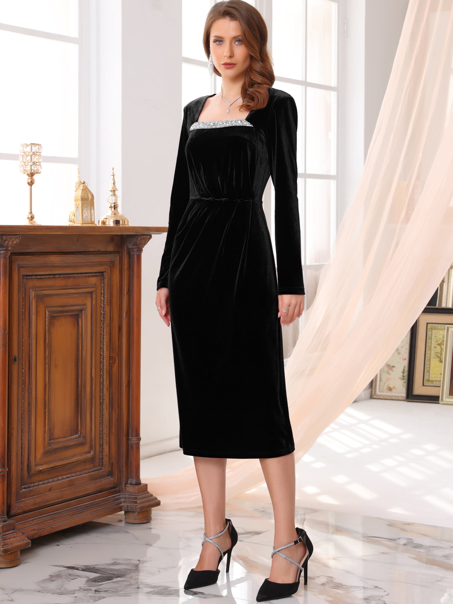 DARING DIVA Women's Formal Ruched Sequin Neck Cocktail Velvet Dress L Black