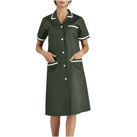 ZQUUVOU Women's Dress Turn-Down Collar Solid Color Button Casual Work Midi Dress Pockets Olive Green,S