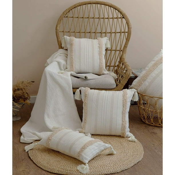 Htooq Boho Throw Pillow Covers 20x20 Neutral Tufted Decorative Pillows Cover For Bed Large Square Couch Pillow Cover Modern Accent Farmhouse Throw Pi