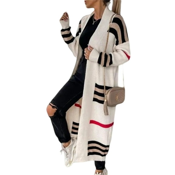 Women'S Vintage Open Front Knit Striped Long Sleeves Maxi Long Cardigan Sweater with Pockets Cream White XL