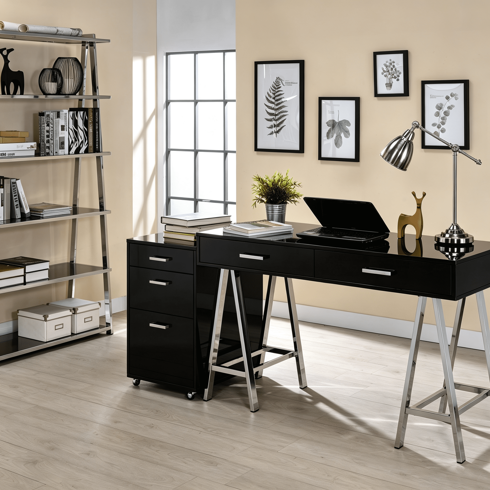 Astoutdoor Black High Gloss and Chrome 2-Drawer Writing Desk