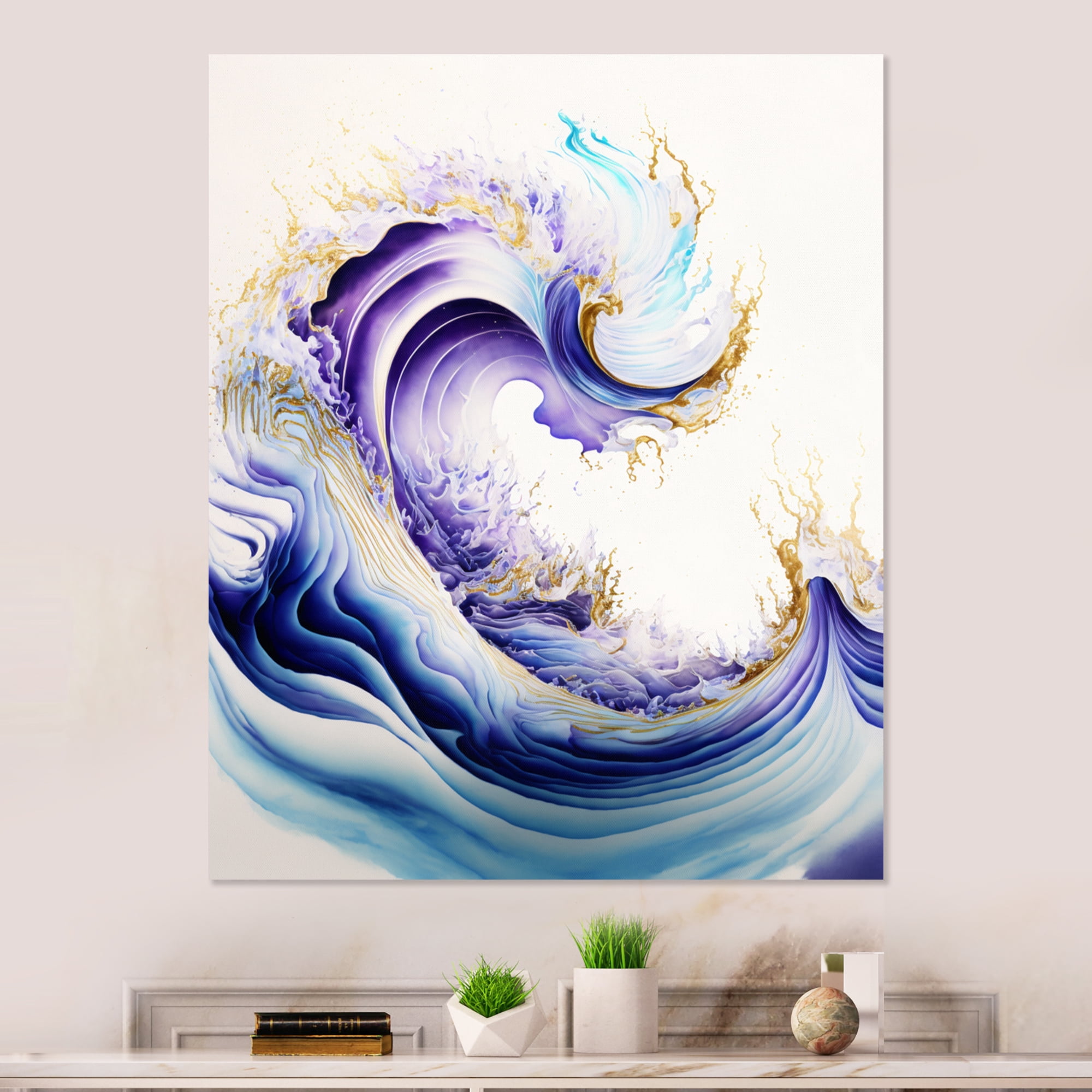 Designart Blue, Gold And Purple Splash Paint II Canvas Wall Art