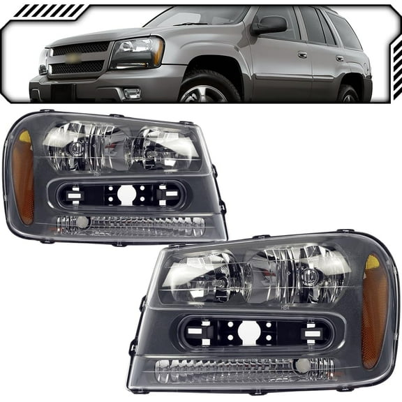 EPIC LIGHTING OE Style Halogen Headlights Gray Bezel Assembly Replacement for CHEVROLET 02-09 TRAILBLAZER [ GM2502213 GM2503213 15930645 15930644 ] Pair