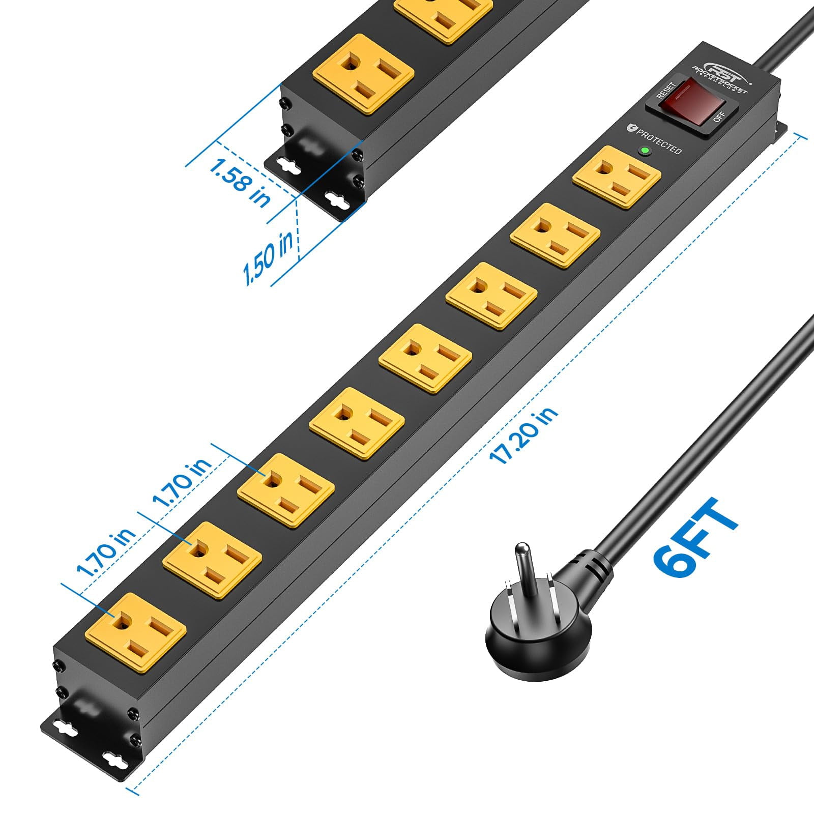CRST 8 Outlet Metal Long Power Strip, 2100J Heavy Duty Surge Protector Power Strip, 6FT Cord Mountable Wide Spaced Workshop Garage Power Strip, 15Amp / 1875W (Black + Yellow)