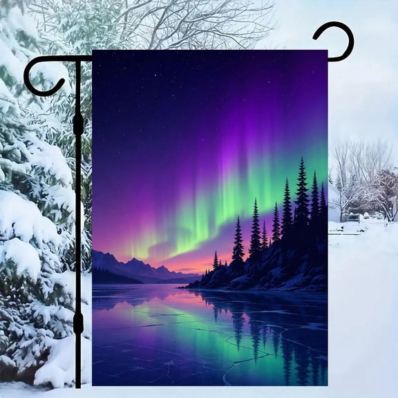 RKSupls Linen Double Sided Garden Flag, Aurora Frozen Lake Night Scene Yard Flag Durable Wrinkle-Proof Outdoor Decor for Garden Lawn Patio and Holiday Gift