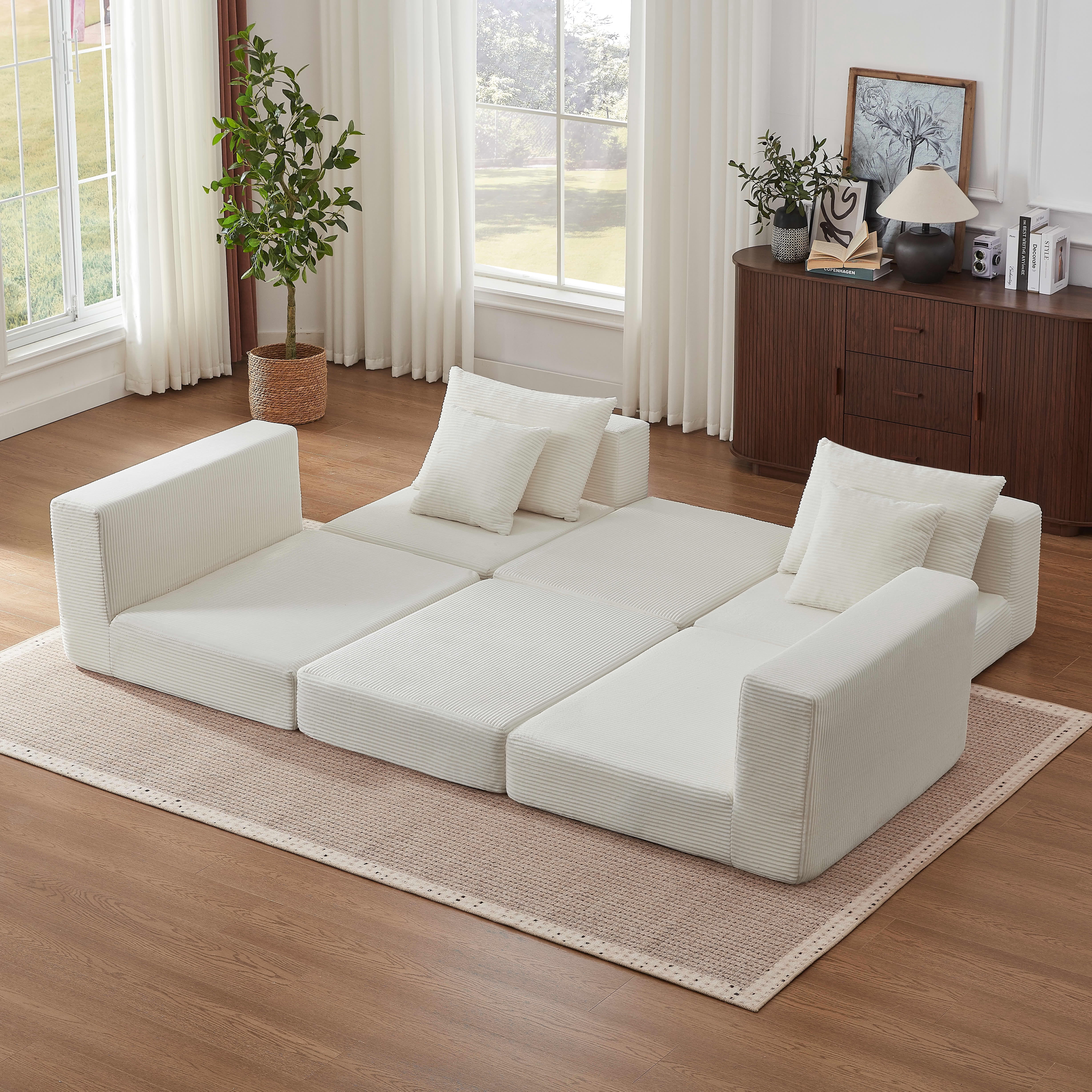 MAYEERTY Minimalist Corduroy Modular Sectional Cloud Sofa - Boneless Sleeper Couch for Customizable Living Spaces, White