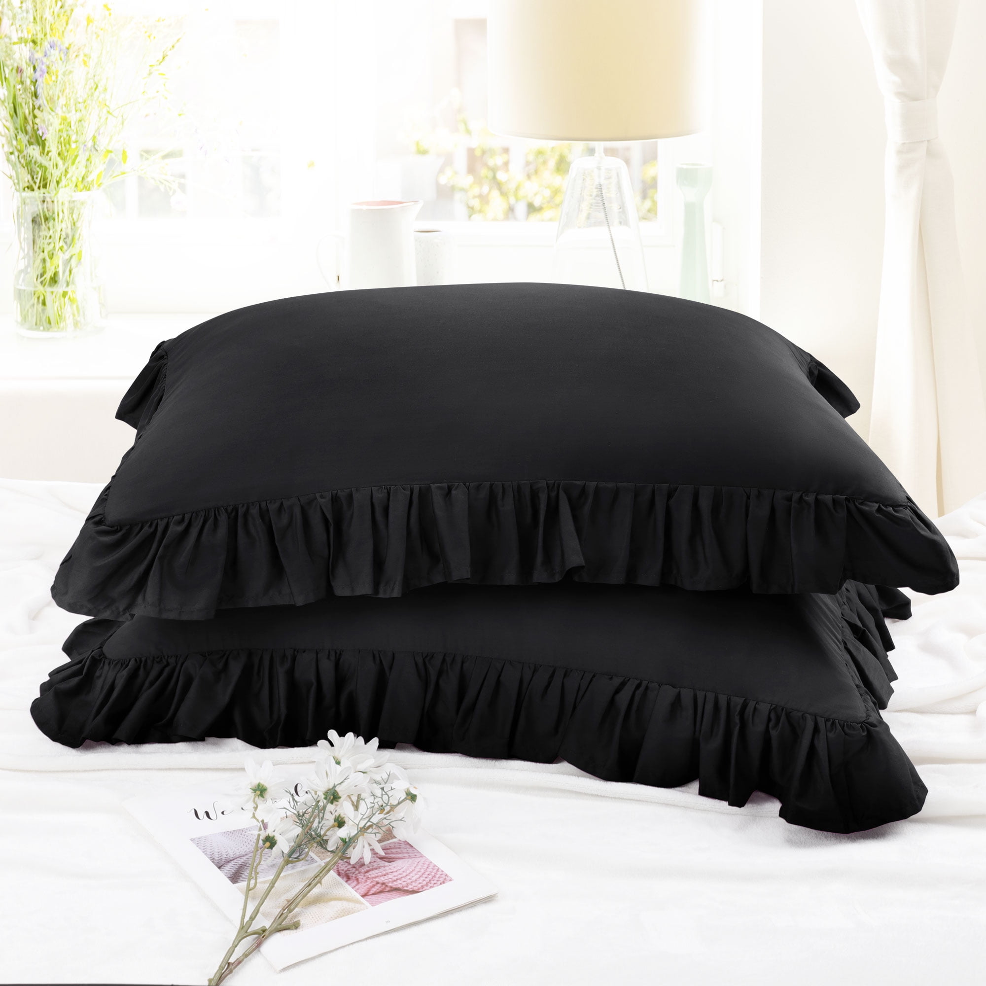 Unique Bargains 2 Pcs 100% Cotton Envelope Closure Ruffled Pillowcases Black Standard
