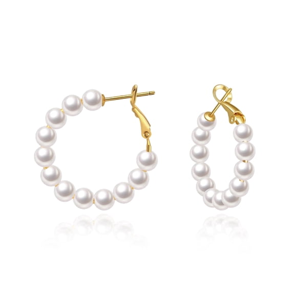 VEEDOFA Pearl Hoop Earrings for Women, 14K Gold Plated 925 Sterling Silver, 5mm Thick, 20/30mm