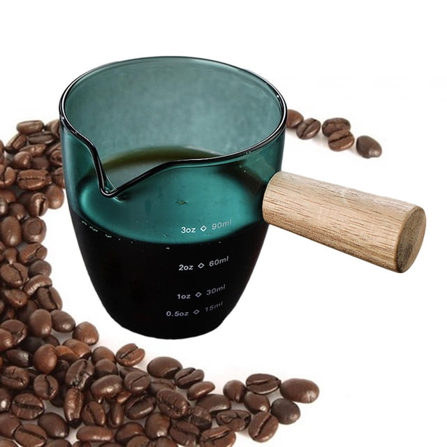 Taza medidora de vidrio perfecl 90-120ml con mango de madera verde