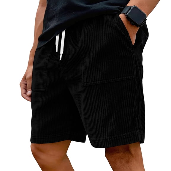 LWavelet Men's Corduroy Casual Shorts Drawstring Elastic Waist Plain Pocket Retro Streetwear Shorts Black L