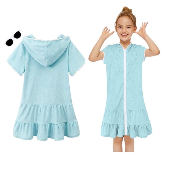 Girls Hooded Swim Coverups Zip-Up Ruffle Girls Swimsuit Coverups Quick Dry Swimming Dress for Girls 8-9 Years