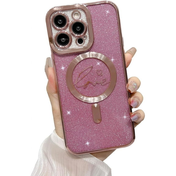 Magnetic Case for iPhone 13, Bling Glitter Luxury Love Cute Heart Pattern Plating Phone Case [Compatible with MagSafe] Magnetic Wireless Charging Soft TPU Shockproof Clear Back Cover - Pink