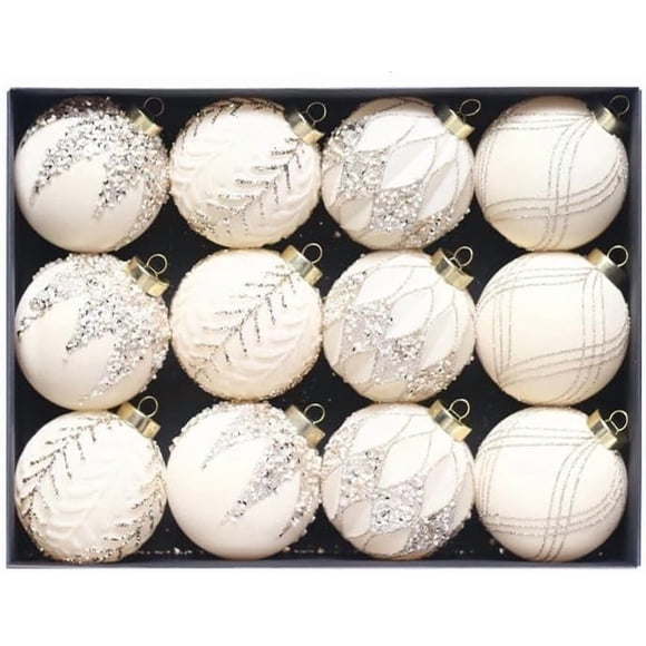 12PCS 3.15 Inch Shatterproof Christmas Ornaments - Velvet Flocked Painted Plastic Balls, Multiple Colors Unique Shapes for Xmas Tree Holiday Decorations,Beige