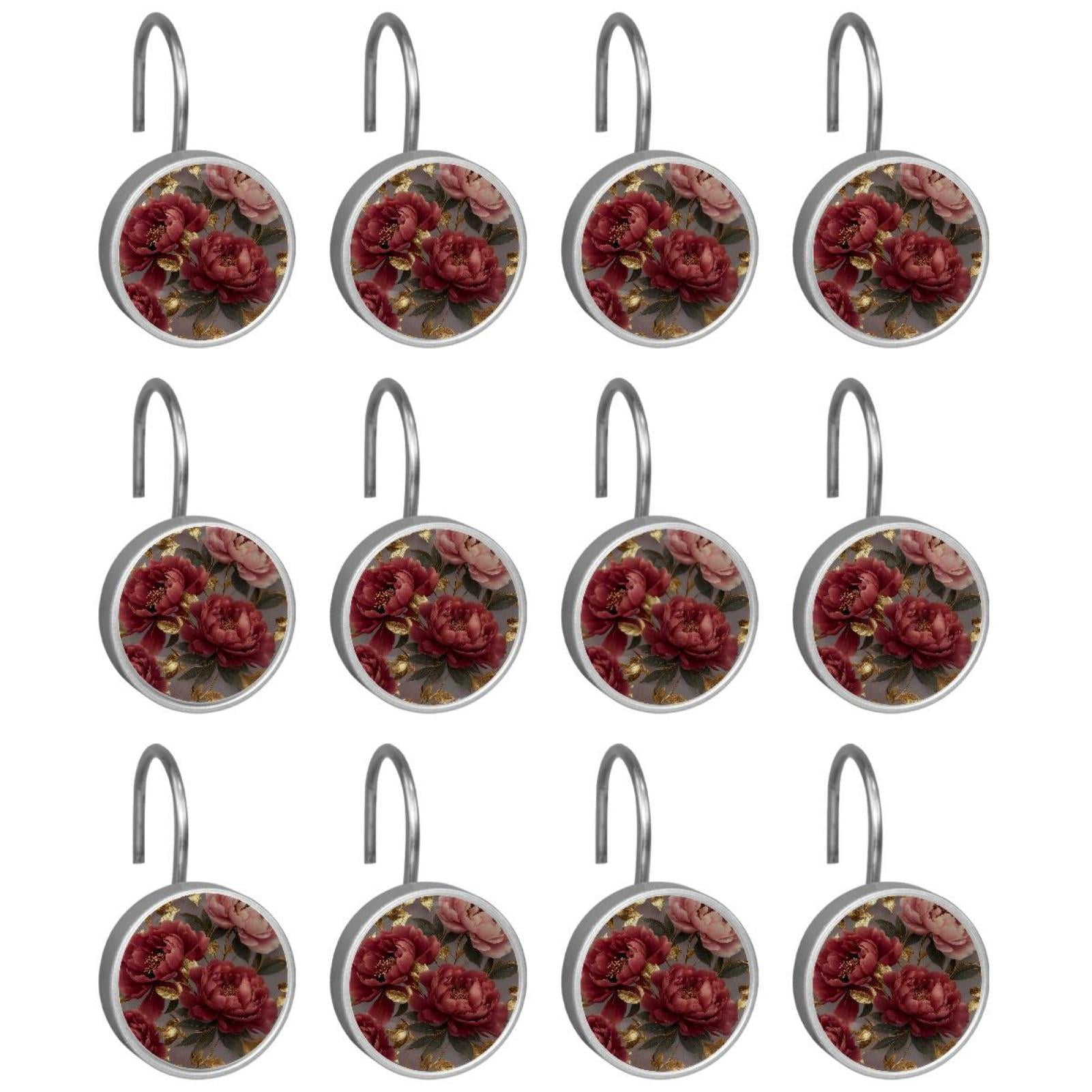Imobaby 12 Pcs Metal Shower Curtain Hooks Rust Proof for Shower Curtain Liner - Golden Leaf Deep Pink Flower