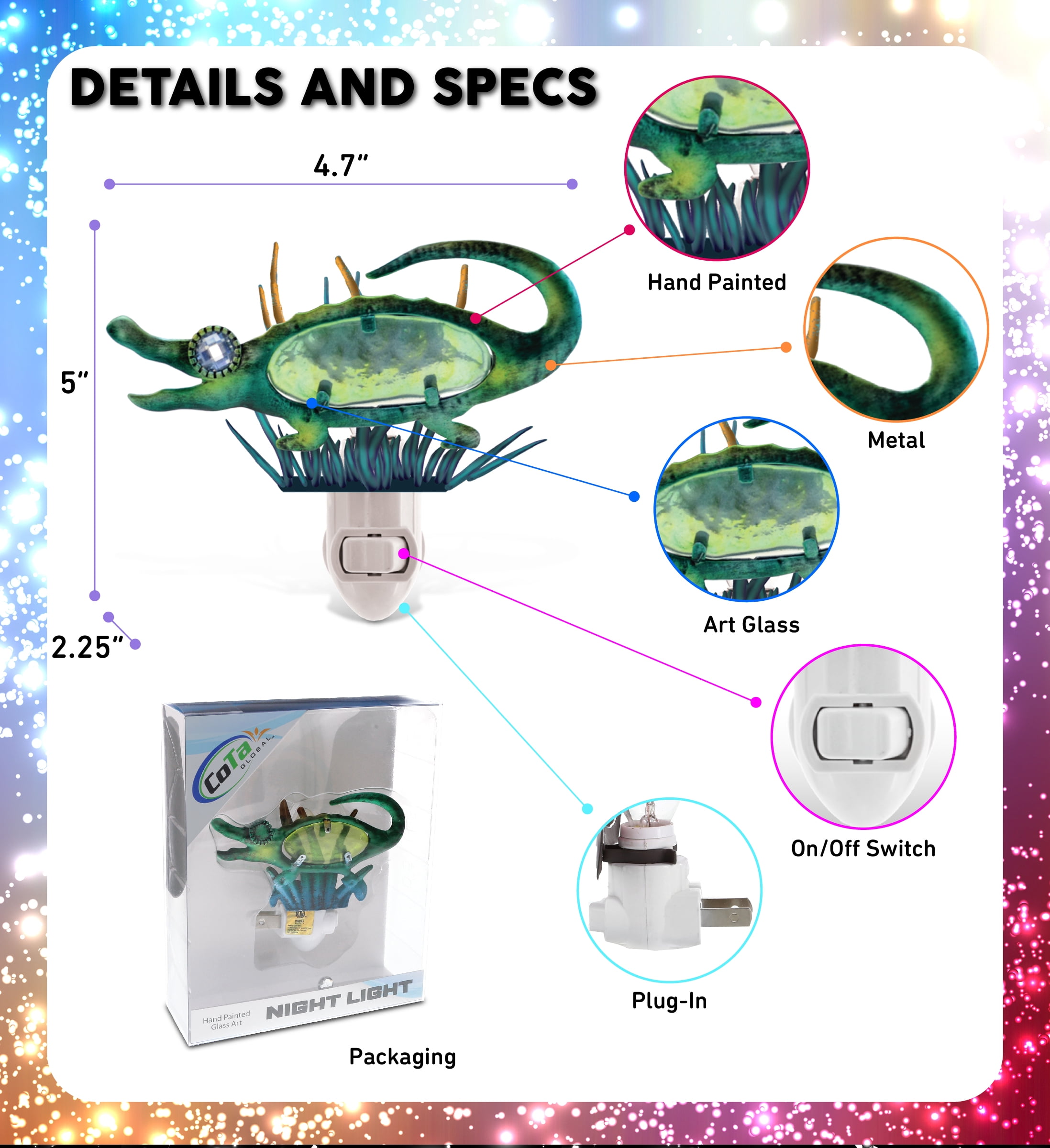 COTA Global Alligator Night Light - Home Décor Wall Plug in Night Light with Switch, Unique Decorative Hand Made Metal & Glass Nightlight for Bathroom, Nursery, Hallway, Kitchen, & Bedroom - 5 Inches