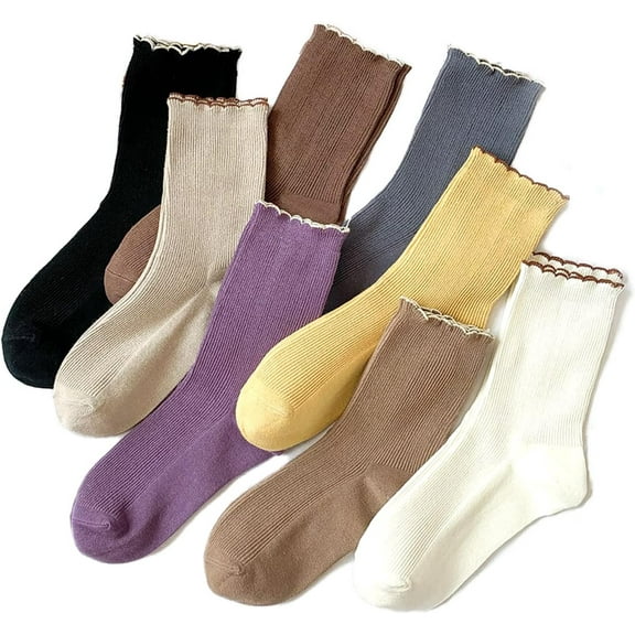 8 Pairs of Cotton Crew Size Socks for Women in All Season, Ruffle Turn-Cuff Thin Knit Lettuce Frilly Sock, Solid Color Socks for woman, Shoe Size 5-11