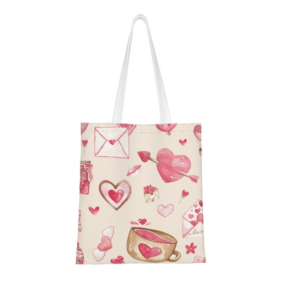 DouZhe Reusable Grocery Bags, Valentines Pink Flower Heart Lightweight Polyester Canvas Cloth Tote Bag for Travle Gym Shopping School, 15" x 16"
