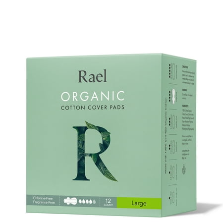 Rael Organic Cotton Cover Menstrual Large Pads - Unscented, Chlorine Free, Natural Sanitary Napkins with Wings, 12 Count