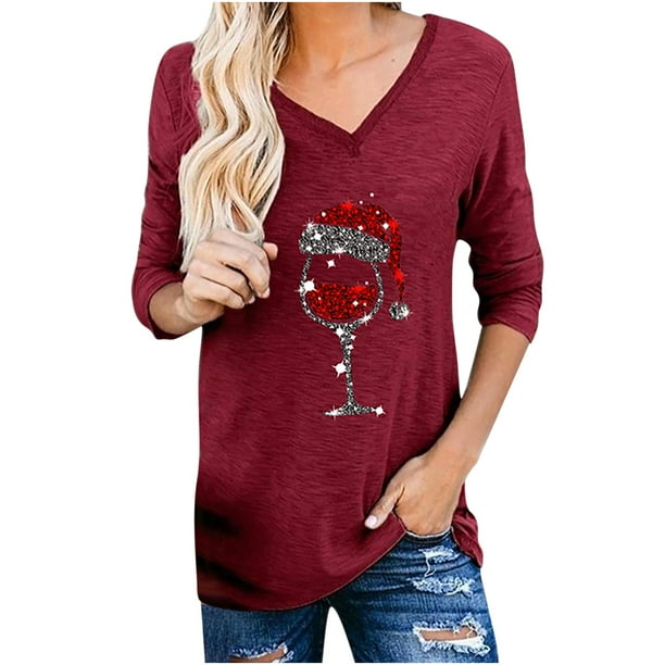 Camiseta de manga larga con cuello en V para mujer a la moda, blusa holgada con estampado navideño de otoño, Tops Fridja FKASFK3753