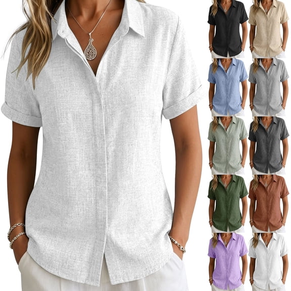 VJGBEGW Womens Button Down Shirts Short Sleeve Dress Shirts Collared Button Up Casual Blouses Tops Black L