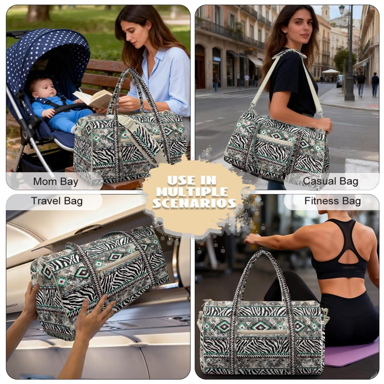 Garronmavis Large Quilted Duffle Bag for Women Tribal Zebra Print Weekender Travel Overnight Bag Carry On Gym Dance Tote with Zipper Pockets