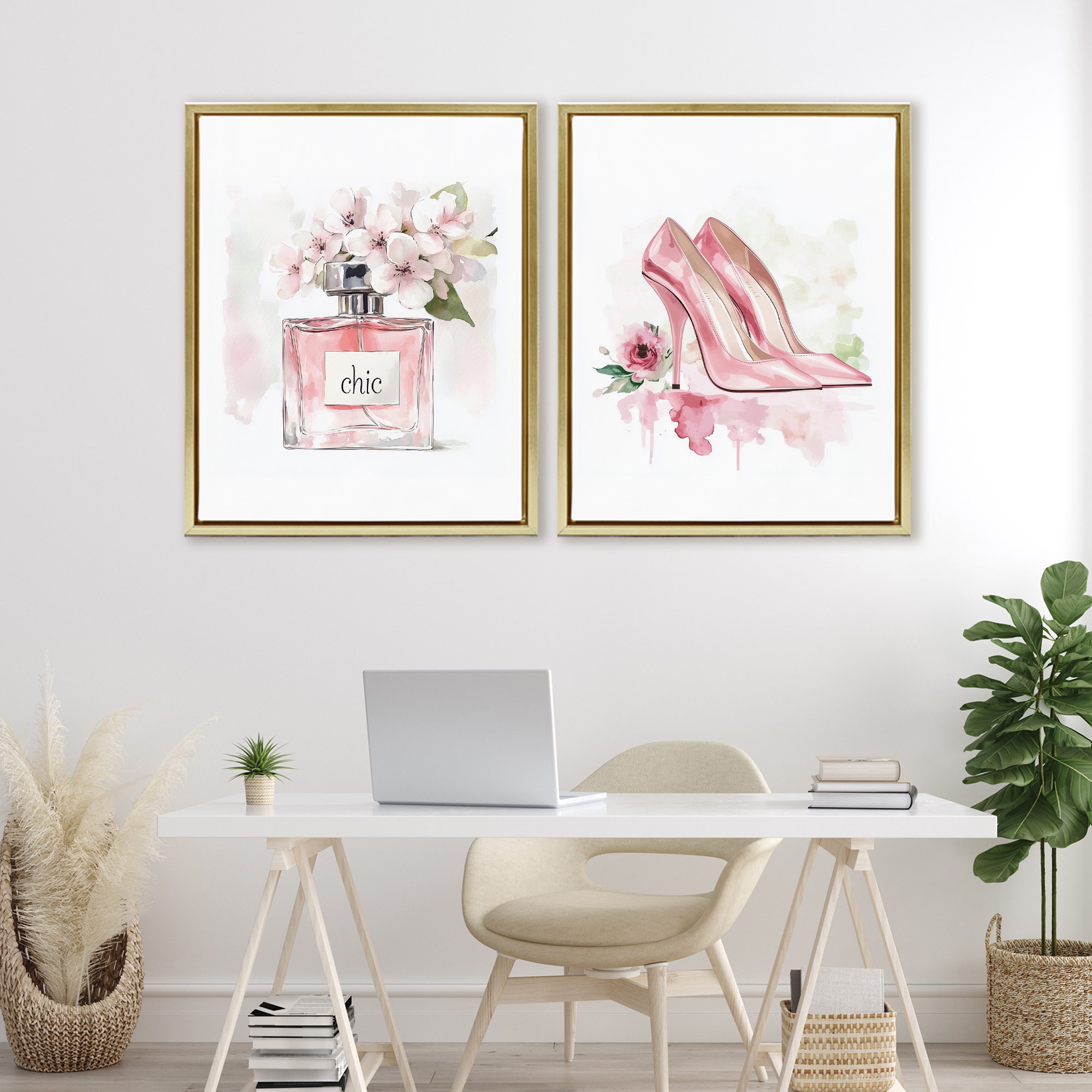 Rosy Pastel Perfume & Heels 2 Piece Gold Framed Floater Canvas Set, design by Christine Simpson Art
