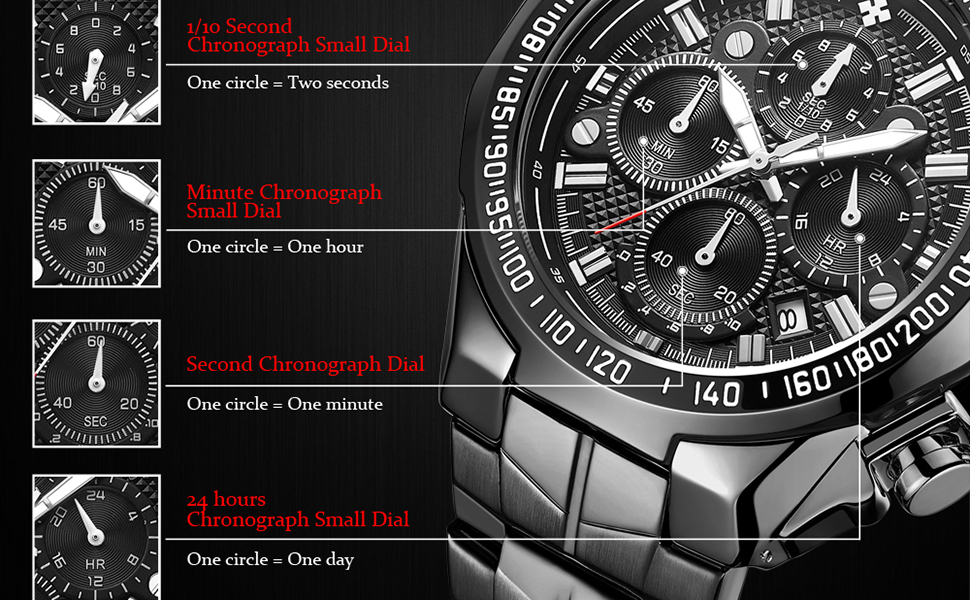 Men's Gold Watch Stainless Steel Waterproof Watches for Men Multifunctional Chronograph Analog Quartz Fashion Business Wristwatch Luminous with Date