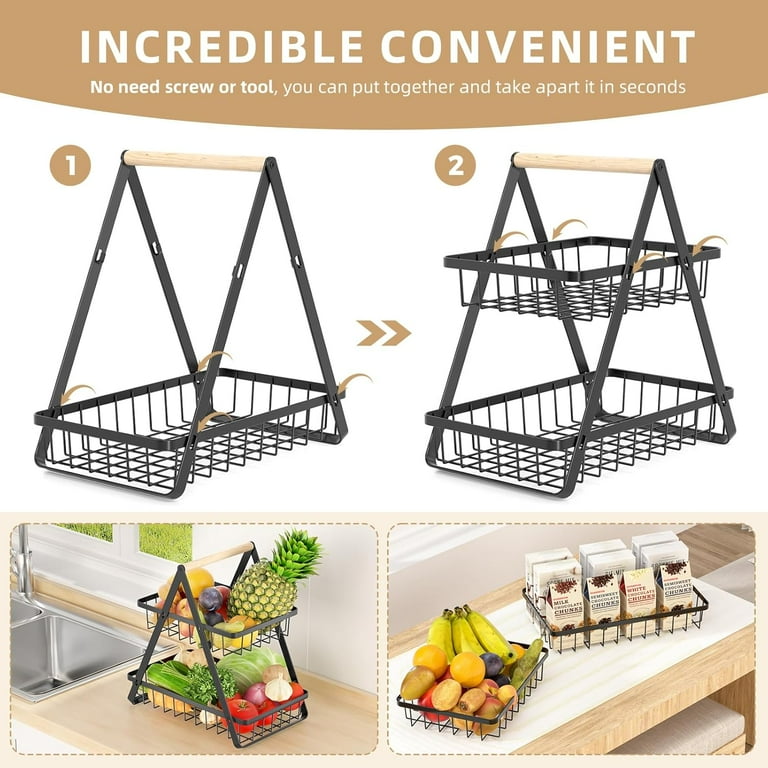 2 Tier Fruit Basket, Upgraded Fruit Bowl, Detachable Metal Fruit Holder Vegetable Basket for Kitchen Counter, Large Capacity Fruit Storage Stand Organizer for Produce Bread Snack, Black - Walmart.com