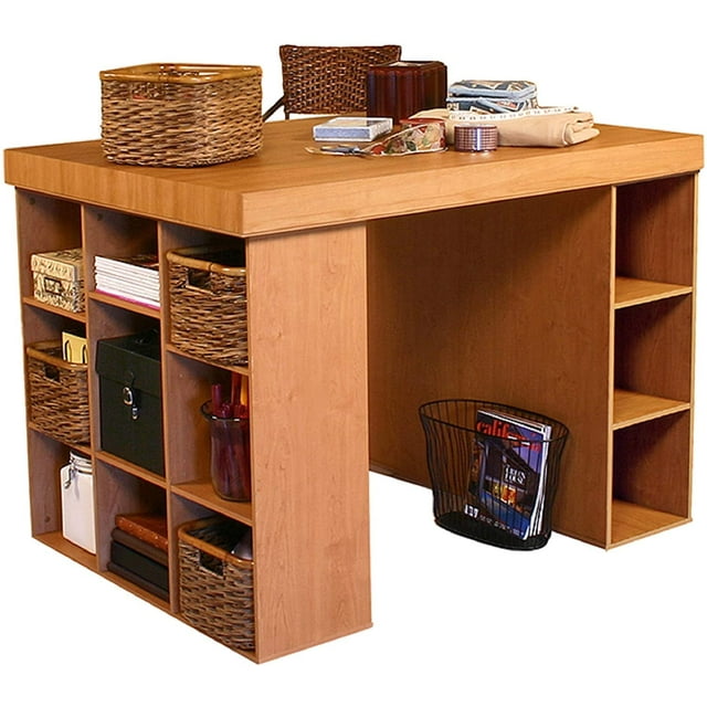 Project Center Desk with Bookcase and 3 Bin Cabinet-Oak