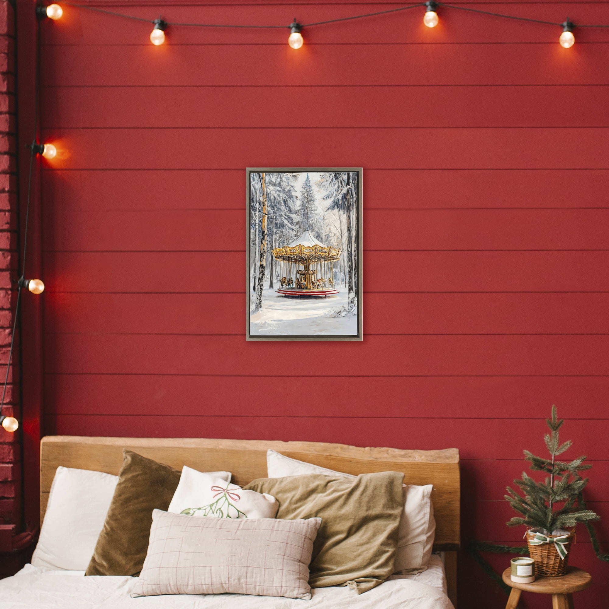 Winter Wonderland Carousel Brown Framed Floater Canvas Wall Art, design by Petal Prints Design