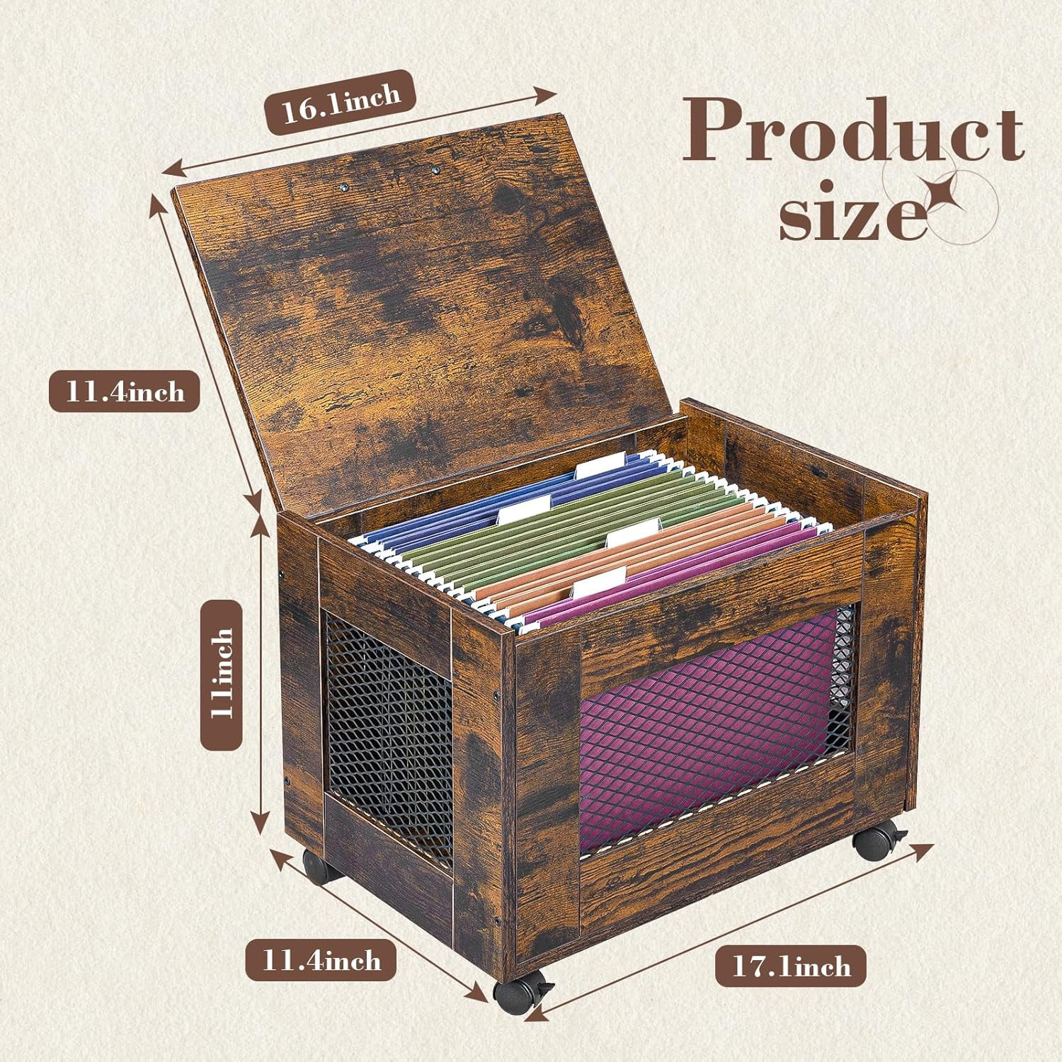 Rolling File Cabinet Cart, Hanging File Organizer Box with Lid for Home Office, Small Filing Cabinet on Wheels Under Desk, Mobile Decorative Document Storage Basket for Letter & Legal Size