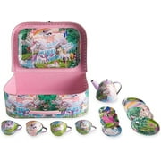 HearthSong 15-Piece Fantasy-Themed Tin Tea Set, Includes Teapot, 4 Plates, 4 cups, 4 Saucers, Serving Tray and Carrying Case