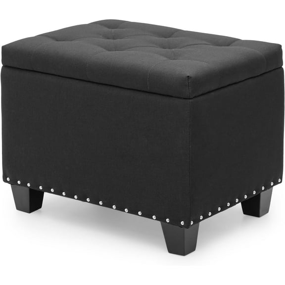 25 Inches Storage Ottoman, Upholstered Linen Foot Rest Stool for Couch with Hinged Lid, Ottoman with Storage for Living Room, Bedroom, Entryway, Load up to 600 lbs, Black