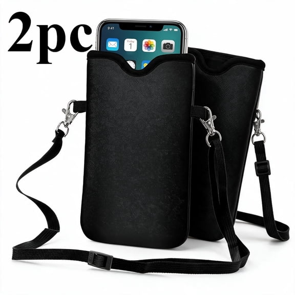 2pc Universal Cell Phone Pouch with Adjustable Shoulder Strap, Lightweight Protective Phone Holder, Anti‑Slip Interior Lining,Black