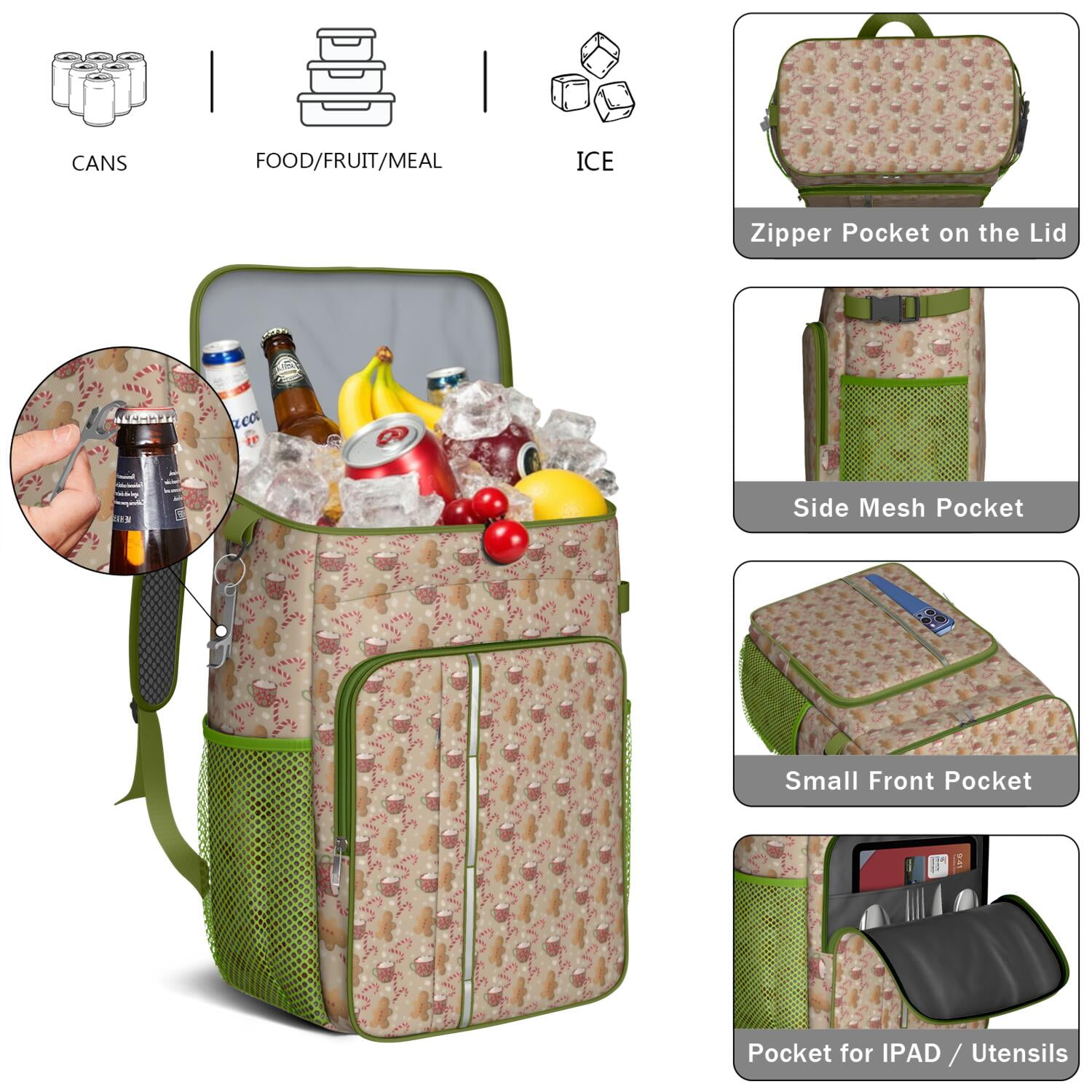 Travel Cooler Bag - Brown Christmas Gingerbread and Drink Pattern Camping Beer Cooler Backpack with Bottle Opener- Waterproof Insulated Picnic Backpacks - Cooler Bag for Beach