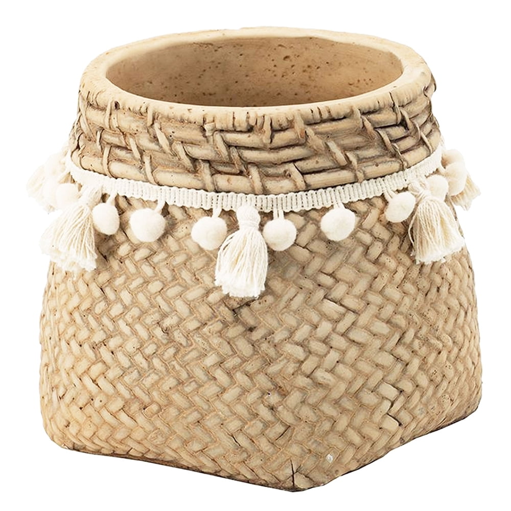 Set of 2 Brown Cement Planters – These Charming Planters Feature a Woven Tassel Accent, Perfect for Adding a Bohemian Touch to Your Home or Garden.