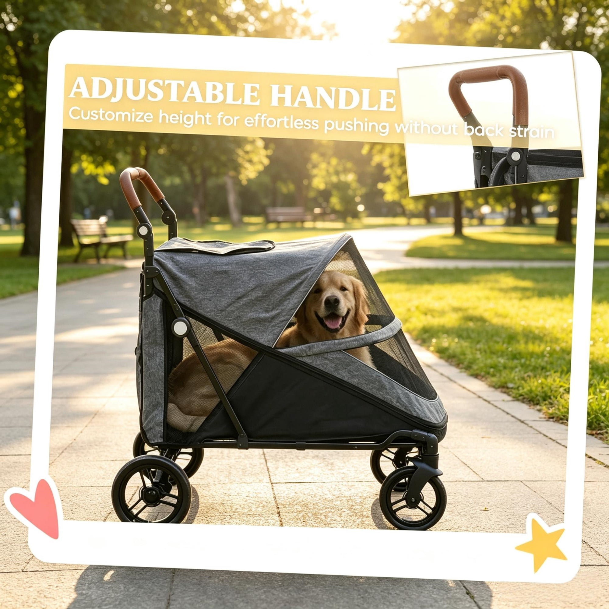 Heavy Duty Dog Stroller, Up to 66 LBS, All-Terrain Suspension for Backyard & Park Use, Gray