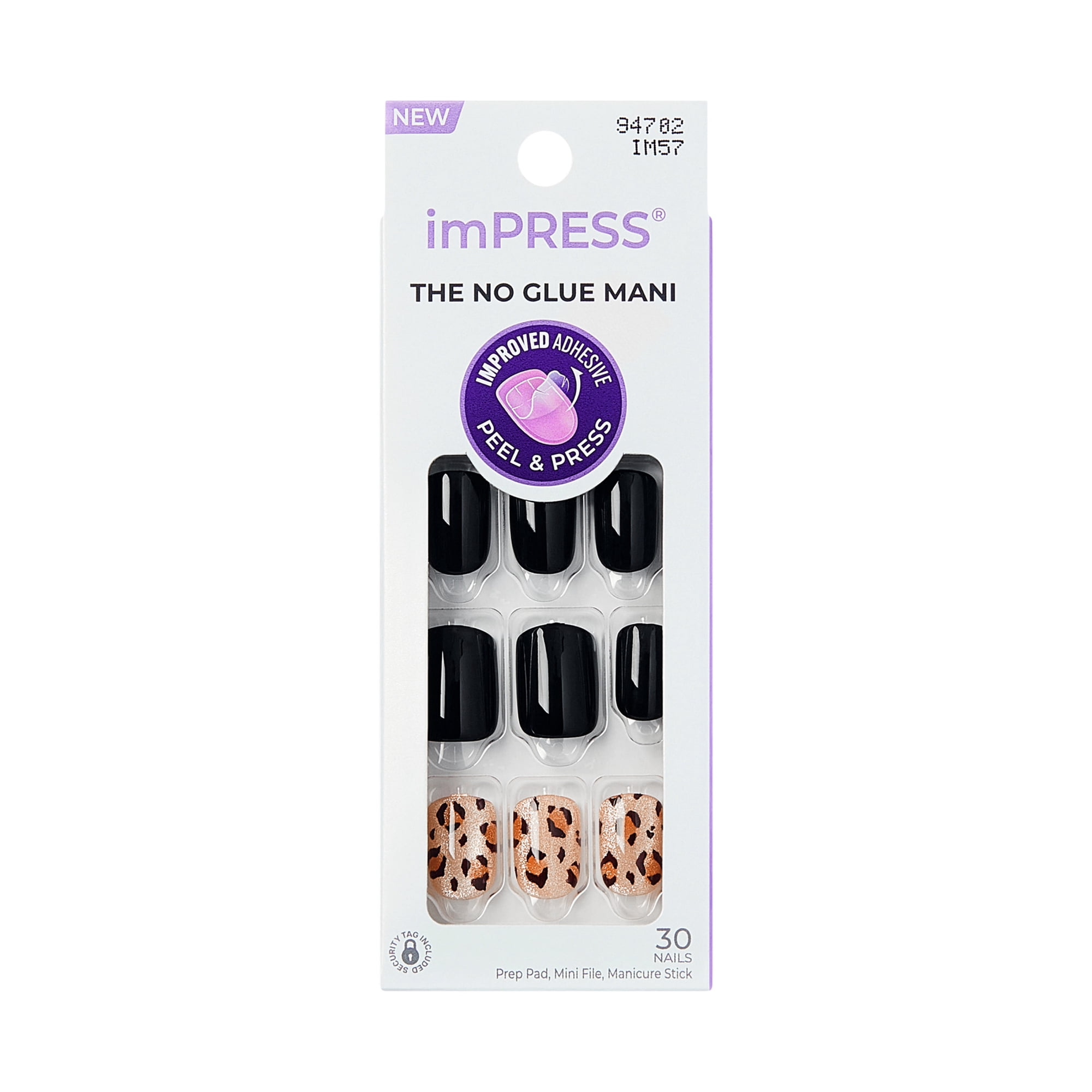 Kiss Impress Design Short Square Press on Nails, Black, 30 Pieces