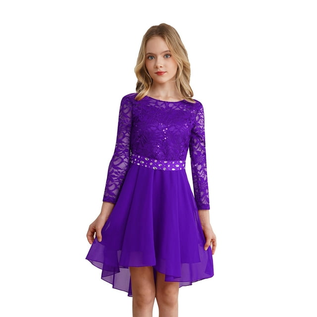 MSemis Robe de Demoiselle d'Honneur pour Enfants, Robe de Fête Formelle à Manches Longues en Dentelle Florale et Chiffon, Violette 16