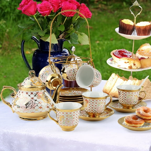 E-Greetshopping-20 - Guest Floral Ceramic Tea Cup Set with Metal Rack: 700ml Teapot & 160ml Cups